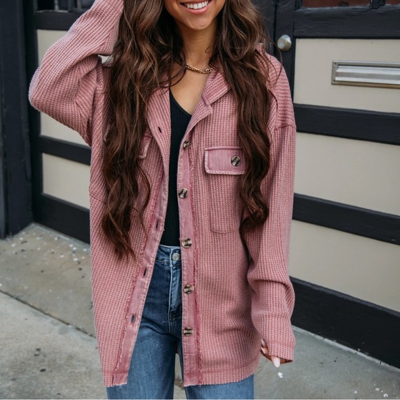 NWT Very J Mauve Thermal Waffle Knit Button Down Shacket Jacket Hoodie Hoody - Picture 2 of 11